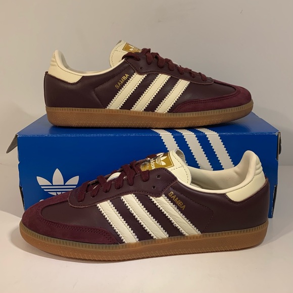 SOLD [NEW] ADIDAS SAMBA OG MAROON GOLD METALLIC WOMENS SIZE 9 SNEAKERS [DMG BOX] - Picture 2 of 15